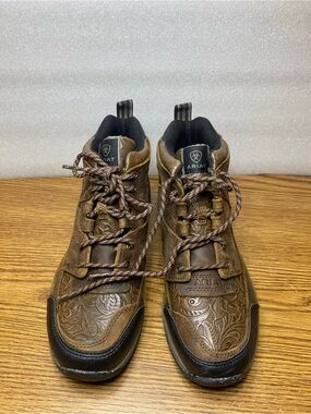 Ariat Brown Embossed Leather Lace-Up Cowboy Work Sneakers women size 8.5